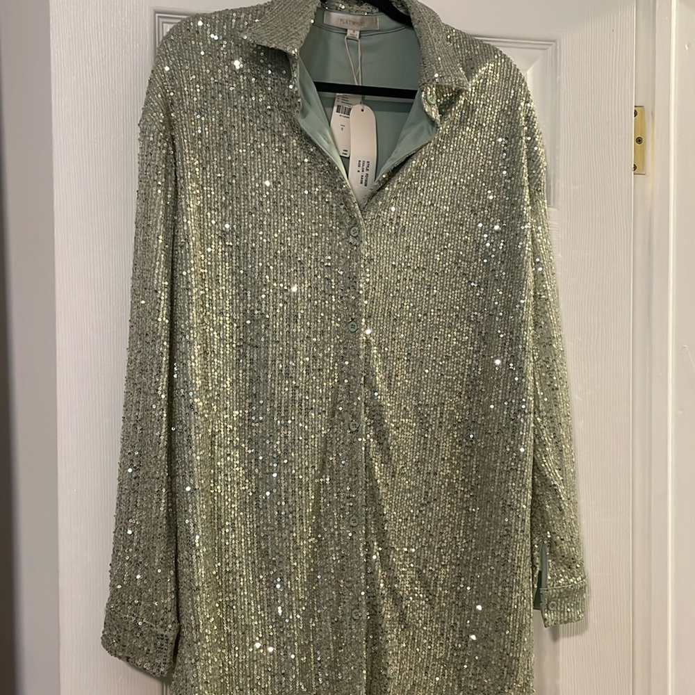 BRAND NEW Anthropology Shirt dress super shimmery size small  color is mint.